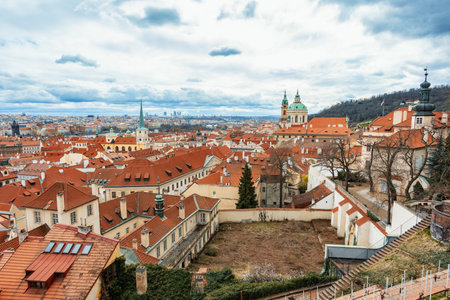 Panorama of old historic town Prague in Czech Prague, view from castle hill in sunny day, Central Bohemia, Czech Republicの写真素材