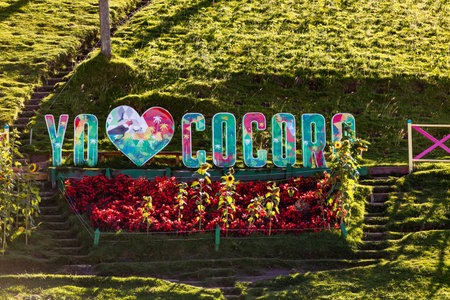Sign Yo Love Cocora in famous entertainment center Valle del Cocora Valley with tall wax palm trees. Salento, Quindio department. Colombia travel destination.の写真素材