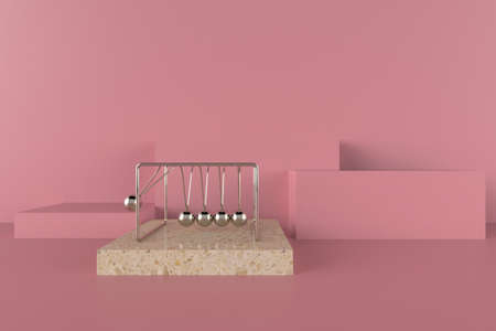 Classic chrome newton cradle 3d render illustration on pink background