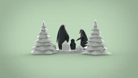 Low poly penguin family with christmas tree 3d render illustration on light soft blue backgroundの写真素材