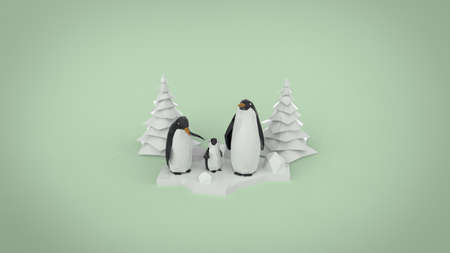 Low poly penguin family with christmas tree 3d render illustration on light soft blue backgroundの写真素材
