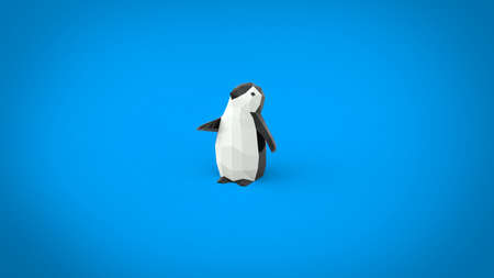 Low poly child small penguin 3d render illustration on blue backgroundの写真素材