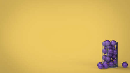 Christmas tree violet decoration balls with solid glass cylinder box on soft yellow background 3d render illustrationの写真素材