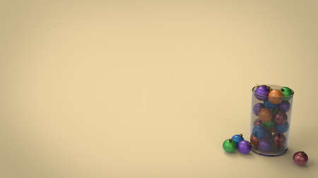 Christmas tree red cherry, green, blue and orange decoration ball on yellow brown background 3d render illustrationの写真素材