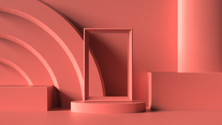 Soft red picture frame mockup on ellipse stage with cube cylindre and oval podium on soft red background 3d rendering illustrationの写真素材