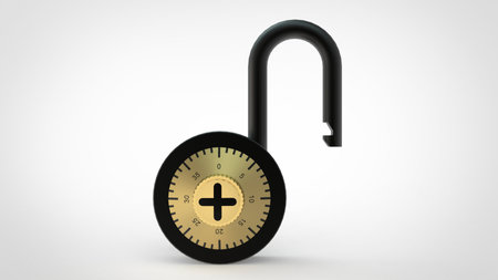 Shiny black open padlock with gold combination lock and black figures isolated on white background 3d rendering imageの写真素材