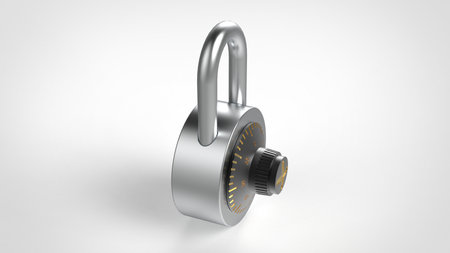 Shiny steel closed padlock with black combination lock and golden figures isolated on white background 3d rendering imageの写真素材