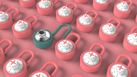 Soft different blue open padlock with shiny steel combination lock and black figures in crowd of pink closed padlocks on pink background 3d rendering imageの写真素材