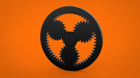 Black metal steel planetary gears mechanism with shafts isolated on orange solid background 3d rendering imageの写真素材