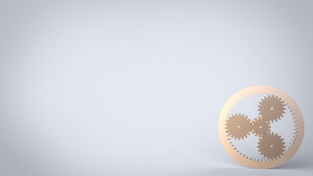 Polish steel and cooper planetary gears mechanism with shafts isolated on soft gray background 3d...