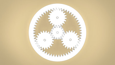 White countour drawing planetary gears mechanism with shafts isolated on soft yellow background 3d rendering imageの写真素材
