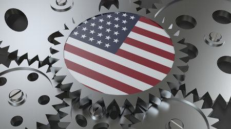 United States of America flag with steel manufacturing gears world country economy cooperation 3d render imageの写真素材