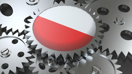 Republic of Poland flag with steel manufacturing gears world country economy cooperation 3d render imageの写真素材