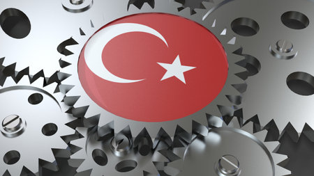 Republic of Turkey flag with steel manufacturing gears world country economy cooperation 3d render imageの写真素材
