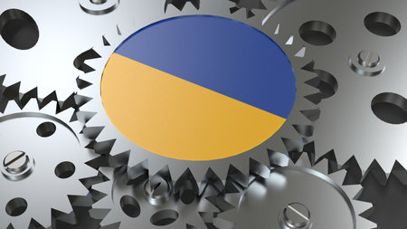 Ukraine flag with steel manufacturing gears world country economy cooperation 3d render imageの写真素材