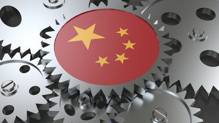 People's Republic of China flag with steel manufacturing gears world country economy cooperation 3d render imageの写真素材