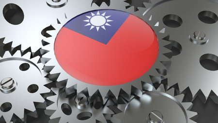 Taiwan flag with steel manufacturing gears world country economy cooperation 3d render imageの写真素材