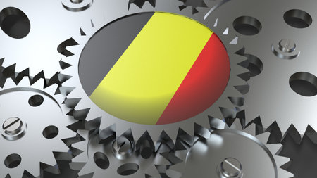 Belgium flag with steel manufacturing gears world country economy cooperation 3d render imageの写真素材