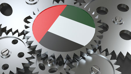United Arab Emirates flag with steel manufacturing gears world country economy cooperation 3d render imageの写真素材