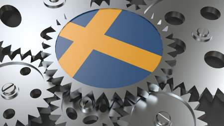 Kingdom of Sweden flag with steel manufacturing gears world country economy cooperation 3d render imageの写真素材
