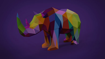 Low poly triangle soft colorful rhinoceros animal isoleted on soft purple background 3d rendering imageの写真素材