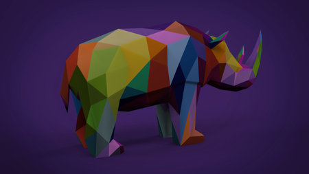 Low poly triangle soft colorful rhinoceros animal isoleted on soft purple background 3d rendering imageの写真素材