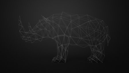 Low poly triangle white line counture rhinoceros animal isoleted on black background 3d rendering imageの写真素材