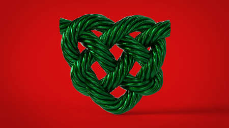 Green love tangled wire heart for 14 february st valentines day holiday gift isolated on red cherry background 3d rendering imageの写真素材
