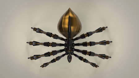 Sci fi modern black robot spider with golden elements isolated on brown solid background 3d...