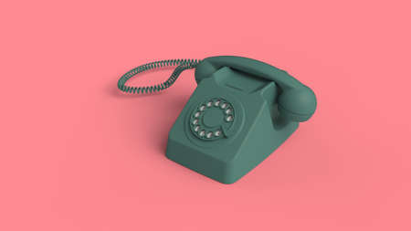 Blue retro phone with dial isolated on pink background 3d render imageの写真素材