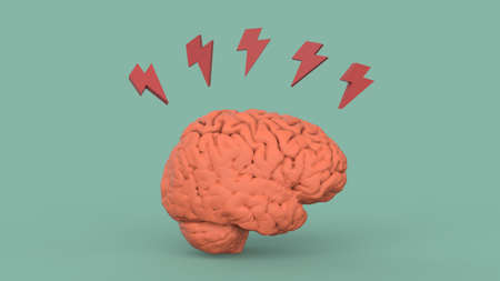Brain with red lightning symbol concept to creative idea brainstorm side view 3d render image
