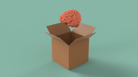 Human brain think outside the brown open box with idea 3d render imageの写真素材