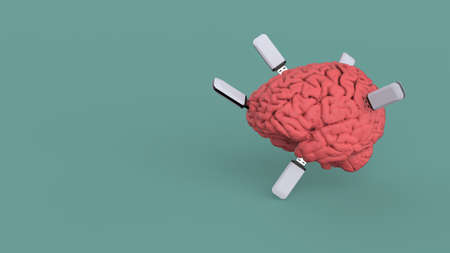 Pink human brain data exchange with blue usb flash memory storage connection 3d render image