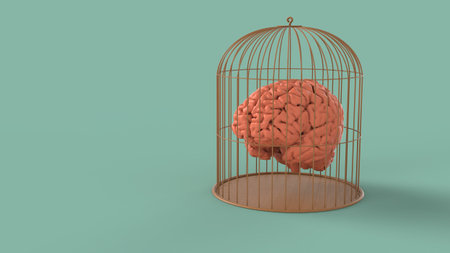 Human brain isolated on gold metall bird cage prison no freedom 3d render image