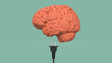 Human brain isolated on blue charging by the black plug with cable 3d render imageの写真素材