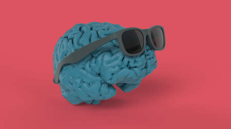 Style blue brain with gray sunglasses concept isolated on pink backgroun 3d render imageの写真素材