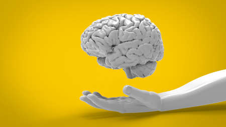 White marble hand holding human brain isolated on yellow backgroun 3d render imageの写真素材