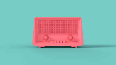 Front view pink old style tune broadcast radio receiver device on soft blue solid background 3d...