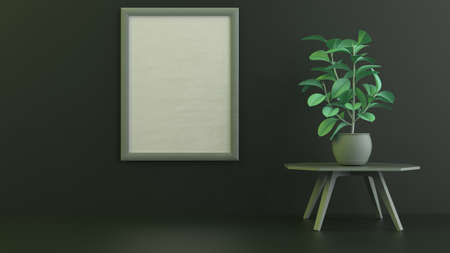 Stylish and scandinavian living room interior in a solid green monochrome color with plant in pot on table with empty frame mock up 3D rendering image for web pages presentations or backgroundsの写真素材