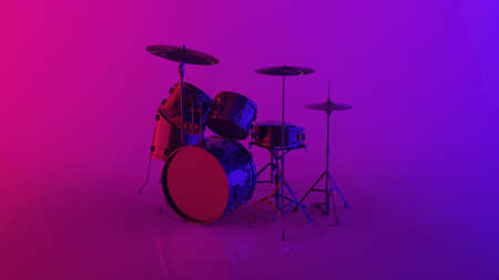 The drum kit set isometric view isolated in a purple room and is illuminated by neon light equipment in cyberpunk style iluminated by neon light and reflected on the glossy floor 3d render imageの写真素材