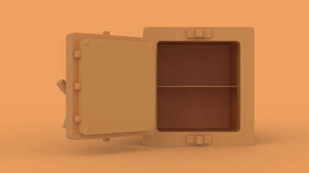 Open empty yellow safe box business banking concept front view isolated in solid yellow background...