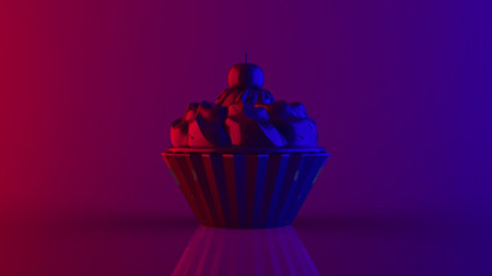 Front view of colorful blue and purple cupcake with whipped cream and cherry on isolated bright pink and violet neon lighting backgrounds in trendy fashion and minimal design art 3d renderingの写真素材