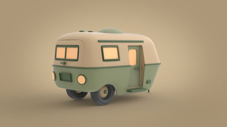 Green and creamy white cartoon style trailer for car camper van isolated on brown background back right side perspective camera view 3d model illustrationの写真素材