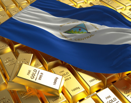Nicaragua national country flag on Golden ingots bars pyramid plate national foreign-exchange reserve banking economy system 3d rendering image conceptの写真素材
