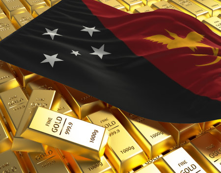 Papa New Guinea national country flag on Golden ingots bars pyramid plate national foreign-exchange reserve banking economy system 3d rendering image conceptの写真素材