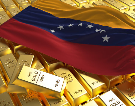 Venezuela national country flag on Golden ingots bars pyramid plate national foreign-exchange reserve banking economy system 3d rendering image conceptの写真素材