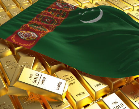 Turkmenistan national country flag on Golden ingots bars pyramid plate national foreign-exchange reserve banking economy system 3d rendering image conceptの写真素材