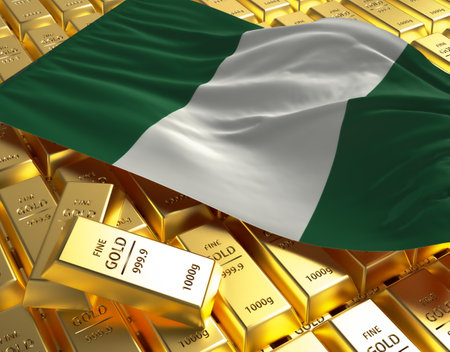 Nigeria national country flag on Golden ingots bars pyramid plate national foreign-exchange reserve banking economy system 3d rendering image conceptの写真素材