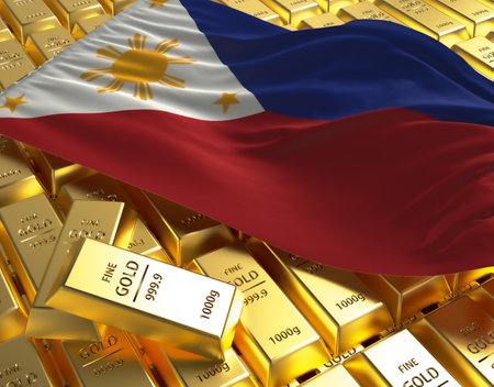 Philippines national country flag on Golden ingots bars pyramid plate national foreign-exchange reserve banking economy system 3d rendering image conceptの写真素材
