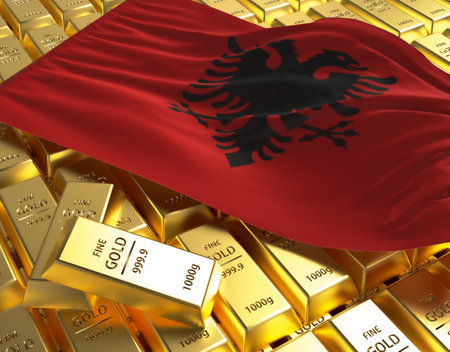 Albania national country flag on Golden ingots bars pyramid plate national foreign-exchange reserve banking economy system 3d rendering image conceptの写真素材